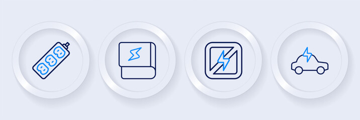 Set line Electric car, No lightning, Book about electricity and extension icon. Vector