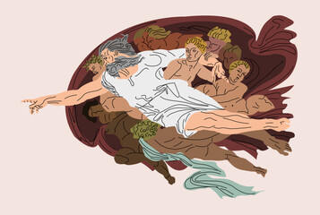 The Creation of Adam. Vector illustration. Painting masterpieces. Touch God. The birth of a person. Fresco by Michelangelo. Man and God. The picture is drawn in vector.