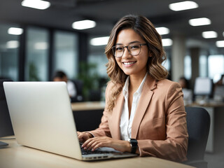 Young smiling business woman employee or student working on laptop in corporate office. Marketing manager using computer technology. Generative Ai content. 