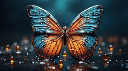  a blue and orange butterfly with drops of water on its wings.  generative ai