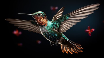  a colorful bird flying through the air with its wings spread.  generative ai
