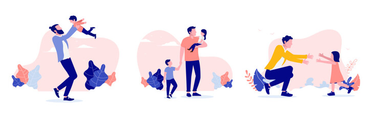 Father and child vector collection - Set of illustrations of fatherhood with man playing with children outdoors. Flat design with white background