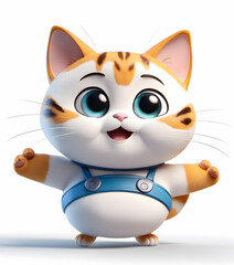 Baby cat persuasive concept. 3d pictures cute fat cat with big eyes. lazy character cat Smiling bright and cheerful stretching arms. Generative AI, illustration