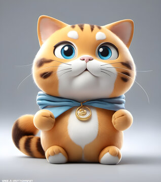 Baby cat persuasive concept. 3d pictures cute fat cat with big eyes. lazy character cat Smiling bright and cheerful stretching arms. Generative AI, illustration