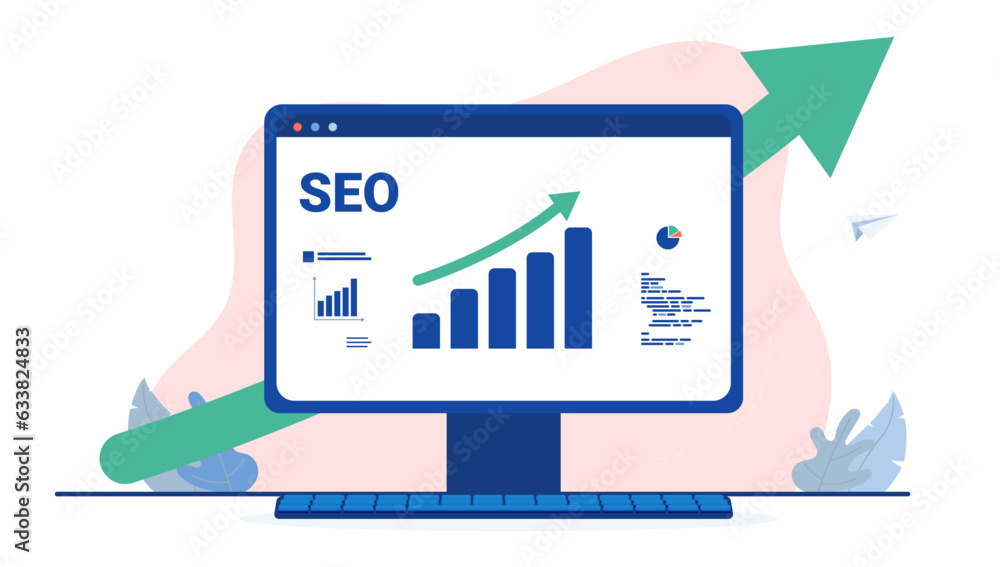 Poster seo growth - vector illustration of computer with search engine optimisation graph showing increase,