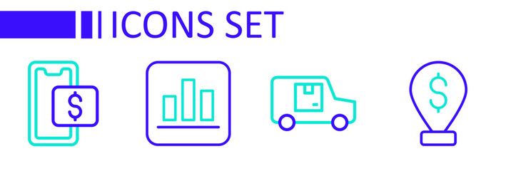 Set line Cash location pin, Delivery cargo truck, Pie chart infographic and Mobile shopping icon. Vector