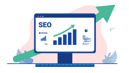 SEO growth - Vector illustration of computer with search engine optimisation graph showing increase, and green arrow pointing up. Flat design with white background