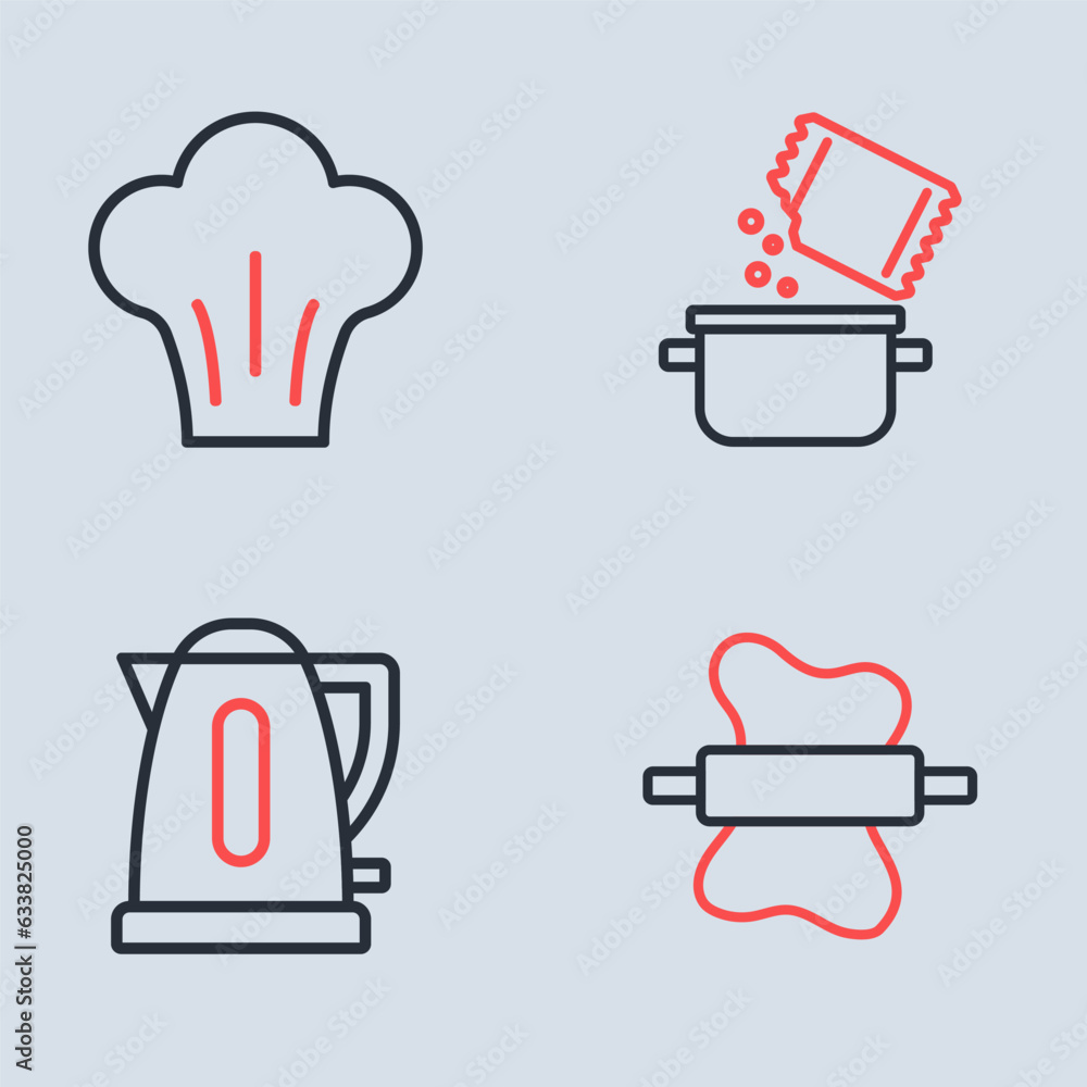 Canvas Prints Set line Cooking pot and spice, Electric kettle, Rolling pin on dough and Chef hat icon. Vector