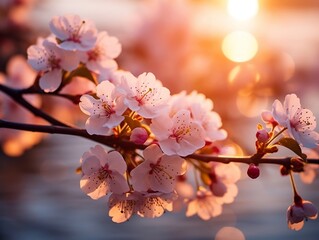 Cherry blossoms against a sunset background generative ai