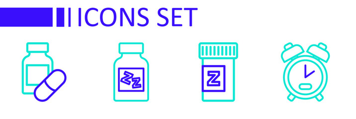 Set line Alarm clock, Sleeping pill, and icon. Vector