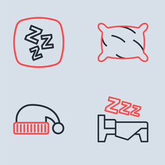 Set line Pillow, Sleeping hat, Time to sleep and Sleepy icon. Vector