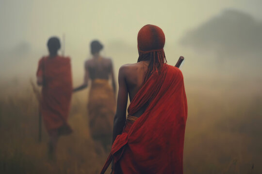 Enigmatic Tribal Women Tracking Prey in the Savannah Fog