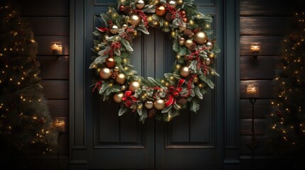 Christmas holiday wreath hanging on a door, adorned with shimmering ornaments and twinkling lights