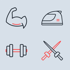 Set line Racing helmet, Dumbbell, Fencing and Bodybuilder showing his muscles icon. Vector