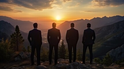 Fototapeta na wymiar Silhouette of business team stand and feel happy on the most hight at the mountain on sunset, success, leader, teamwork, target, Aim, confident, achievement, goal, on plan, finish, generate by A