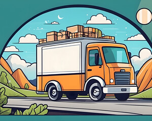 delivery trucks are transporting goods on beautiful roads sticker 2d cute fantasy dreamy. The concept of online cargo logistic transportation quickly reached customers. Generative AI, illustration