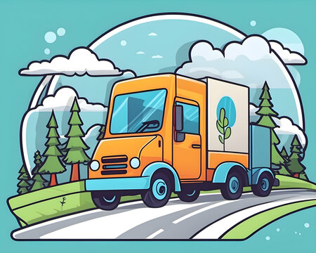 delivery trucks are transporting goods on beautiful roads sticker 2d cute fantasy dreamy. The concept of online cargo logistic transportation quickly reached customers. Generative AI, illustration