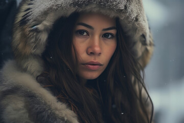 Misty Close-Up of Eskimo Woman - obrazy, fototapety, plakaty