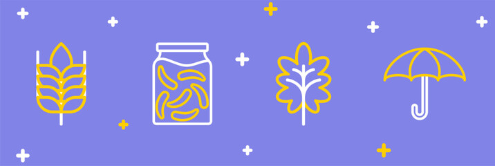 Set line Umbrella, Leaf, Pickled cucumbers in jar and Wheat icon. Vector
