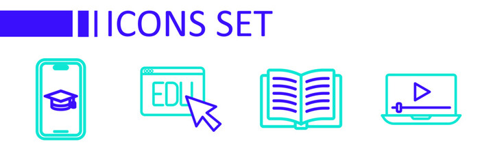 Set line Online play video, Open book, education and Graduation cap mobile icon. Vector