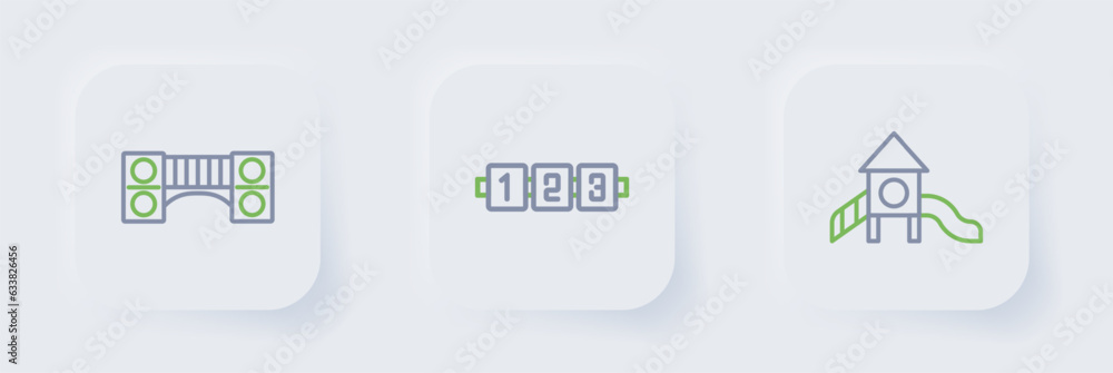 Poster set line slide playground, education logic game and playground kids bridge icon. vector