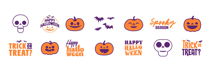Set of Halloween icons. Vector illustration. Carved pumpkins, skulls and bats. Trick or treat spooky design.