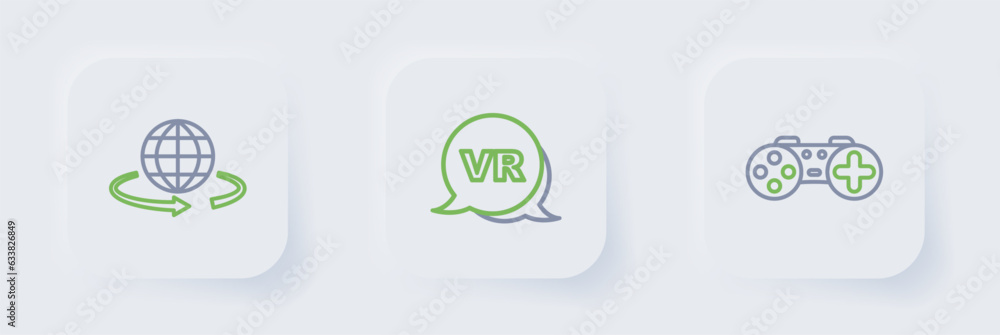 Poster set line gamepad, virtual reality and 3d modeling icon. vector