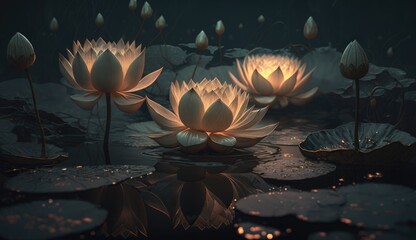 floating lotus orchids in dark water, illuminated by lights