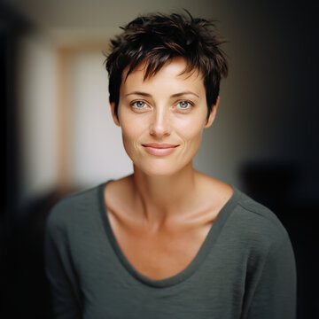 portrait de femme cheveux court yeux clairs entre 35 et 40 ans, l&eacute;ger sourire, regard p&eacute;tillant et malicieux