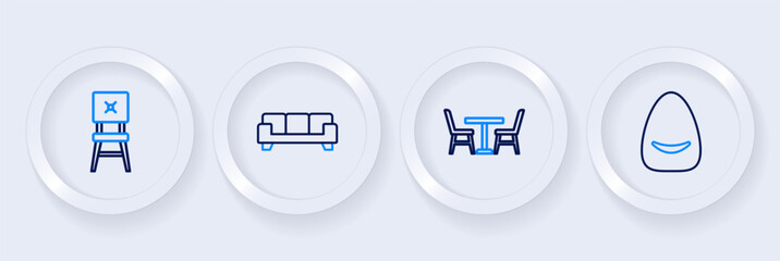 Set line Pouf, Table with chair, Sofa and Chair icon. Vector