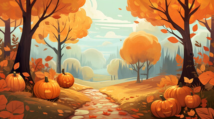Naklejka na ściany i meble A cozy fall background. Beautiful sunny autumn day with fall foliage, pumpkins, harvest and fields. Children's illustration.