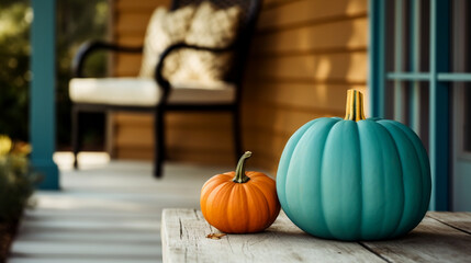 Teal pumpkins on the porch. Food allergy awareness. Halloween symbol. 