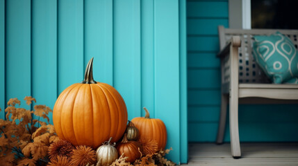 Orange pumpkin on teal porch. Home decor in a cozy style. 