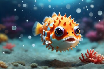 Fototapeta na wymiar Closeup shot of colourful cute puffer fish on tho bottom of the ocean, background, banner 