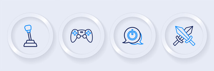 Set line Sword for game, Power button, Game controller joystick and Gear shifter icon. Vector