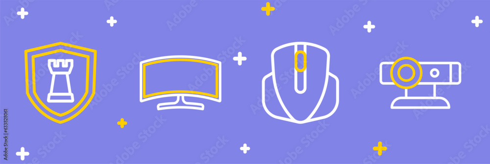 Poster set line web camera, computer mouse, monitor and chess shield icon. vector