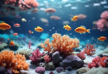 Fototapeta na wymiar Beautiful underwater background design with colorful coral reef and cute fish on the bottom of the ocean 