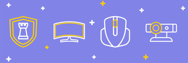 Set line Web camera, Computer mouse, monitor and Chess shield icon. Vector