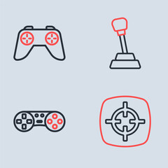Set line Gear shifter, Game controller or joystick, Target sport and icon. Vector