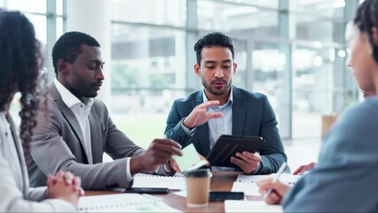 Business people, manager meeting and tablet for teamwork, planning and feedback, financial proposal and sales. Professional group of accountant or employees talking of strategy on digital technology - Powered by Adobe