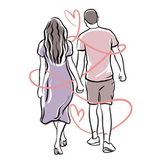 Loving couple hold hands. Man and woman, guy and girl, silhouettes. Back view. wedding invitation, love, family, valentine's day