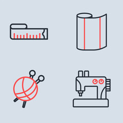 Set line Textile fabric roll, Yarn ball with knitting needles, Sewing machine and Tape measure icon. Vector