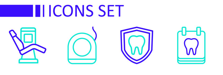Set line Calendar with tooth, Dental protection, floss and Medical dental chair icon. Vector