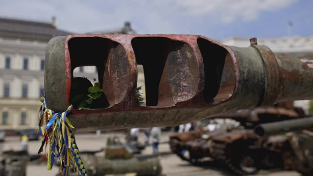 Kyiv, Ukraine - May 24, 2023: Destroyed russian self-propelled howitzer 152mm Msta-S during the fighting in Ukraine. the muzzle of a russian self-propelled howitzer destroyed during the battle.
