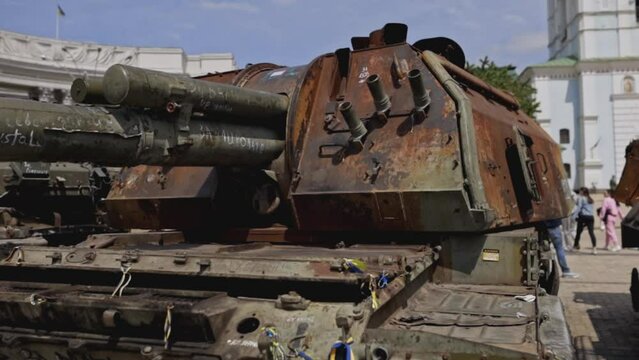 Kyiv, Ukraine - May 24, 2023: destroyed russian self-propelled howitzer 152mm Msta-S during the fighting in Ukraine. Destroyed russian self-propelled howitzer 152mm Msta-S. war in ukraine. war