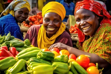 Poster Solving hunger in Africa. Africa Hunger Crisis. People in Africa face acute food insecurity. Happy African people near The abundance of fruits and vegetables at local market © irissca