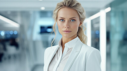 Attractive young scandinavian businesswoman in white suit standing in a modern office. Generative AI