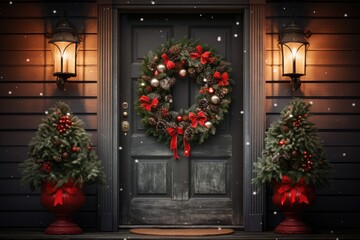 Fototapeta na wymiar Christmas holiday wreath hanging on a door, adorned with shimmering ornaments and twinkling lights