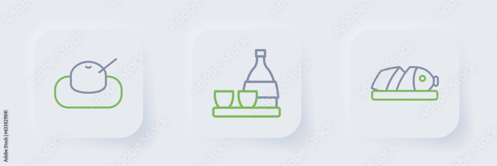 Sticker Set line Fish with sliced pieces, Bottle of sake and Mochi icon. Vector