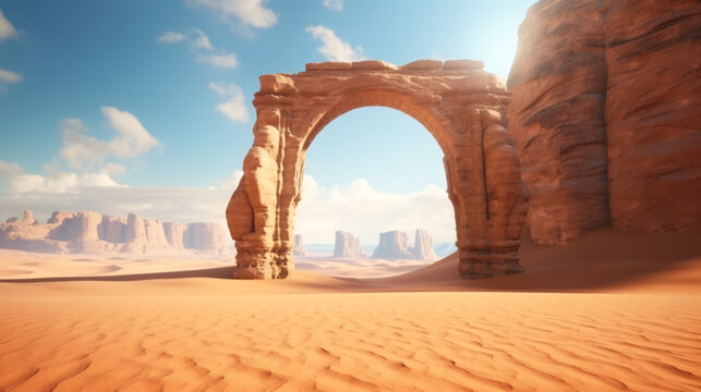 Ancient arch at the entrance to desert. View of sand